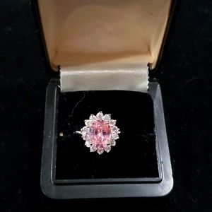 Silver Tone Overlay Ring with Round Pink Sapphire & CZ Stones All Around